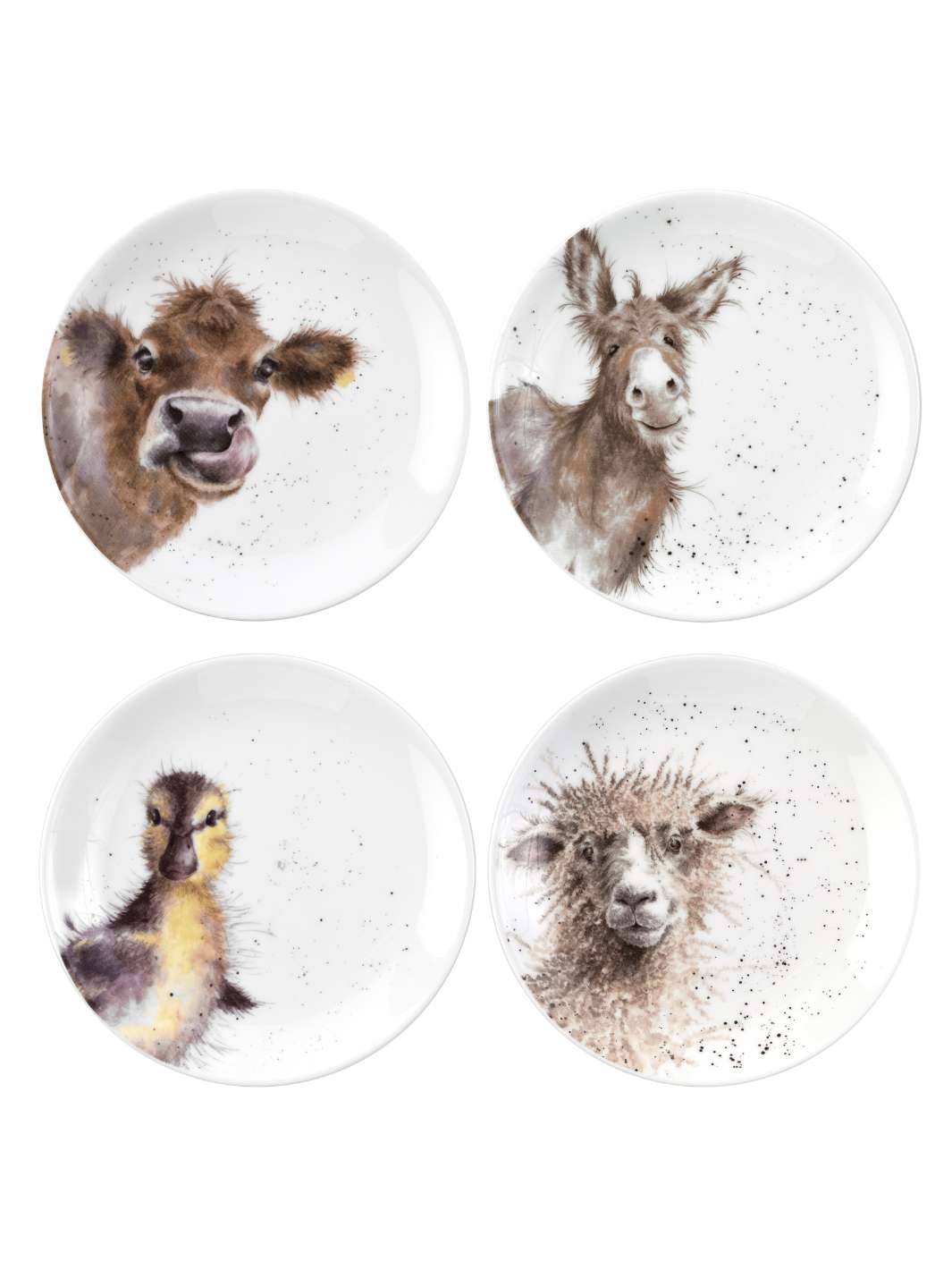 Dieses Teller Set besteht aus vier Tellern mit den Bauernhof-Tiermotiven Kalb, Esel, Entenküken und Schaf von Wrendale Designs.