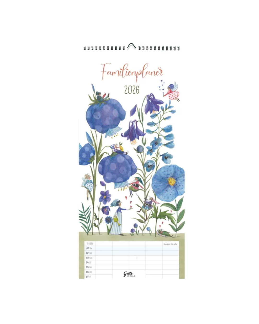 Familienplaner-Kalender 2026 „Akelei“ vom Grätz Verlag mit Illustration von Silke Leffler
