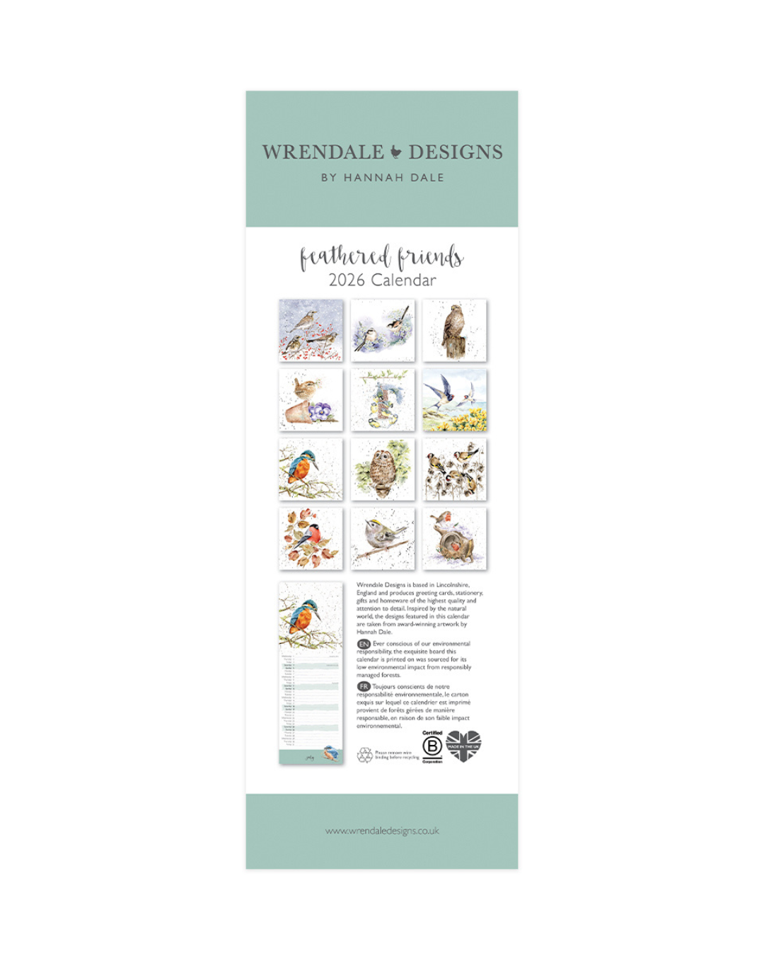 Vogel Streifenkalender 2026 von Wrendale Designs