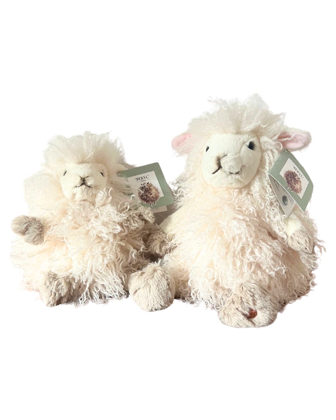 Schaf Kuscheltiere Beryl nebeneinander in den Größen M und L von Wrendale Designs.
