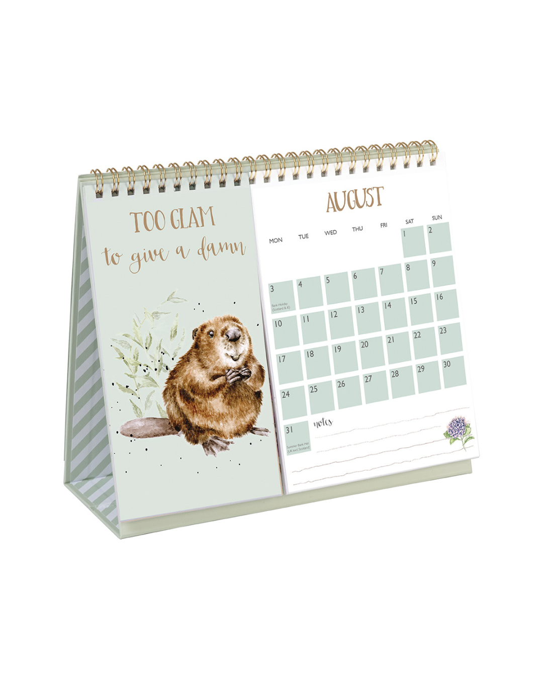 Biber-Motiv auf mintgrünem Hintergrund des Tischkalenders 2026 von Wrendale Designs.
