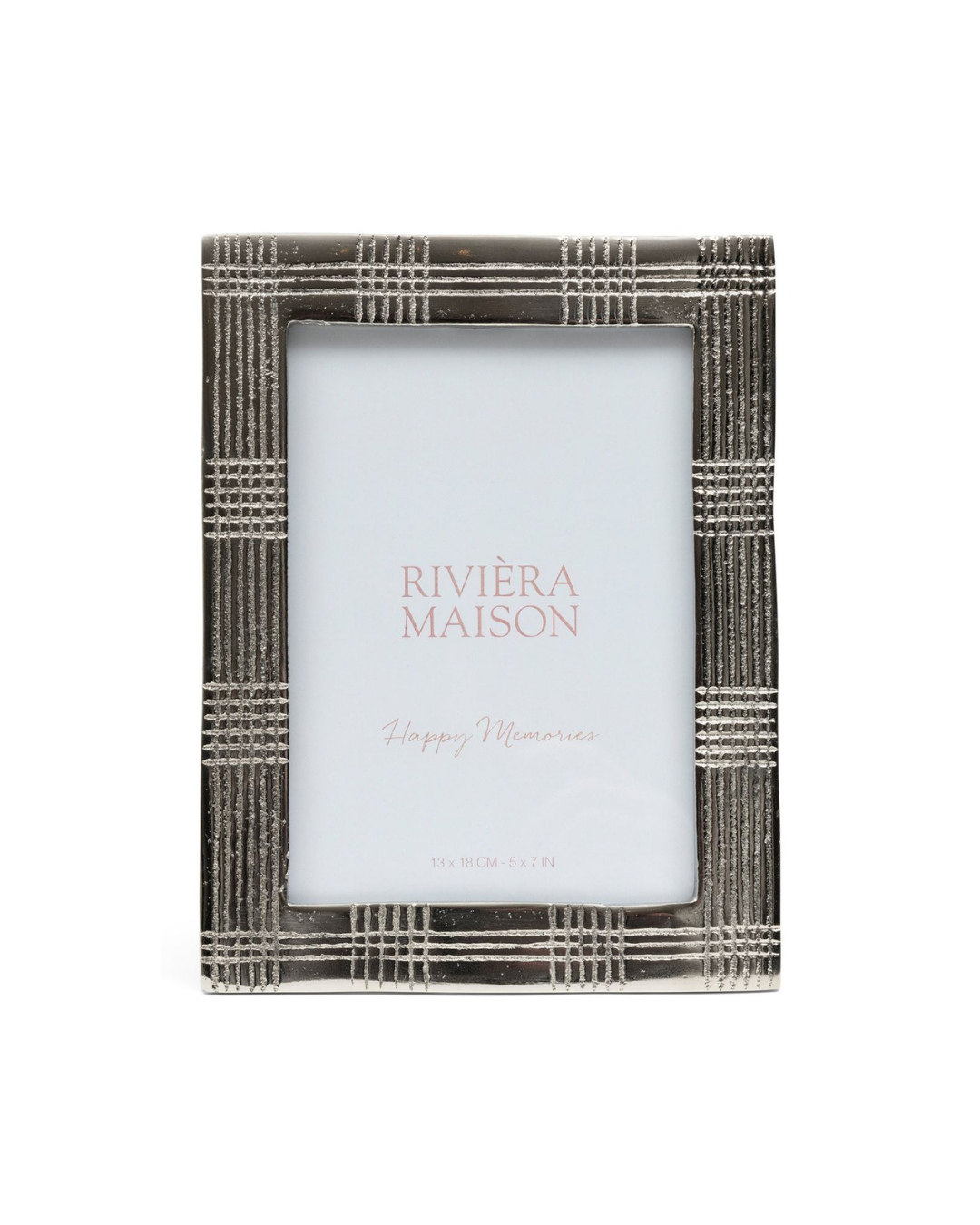 Silberner Bilderrahmen von Rivièra Maison mit Tartan-Muster vor weißem Hintergrund.