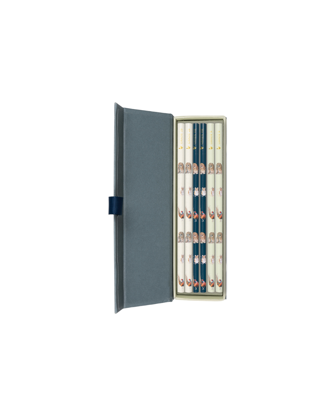 Geöffnetes Bleistifte-Set „Signature Stationery“ von Wrendale Designs mit sechs Bleistiften in Geschenkbox.