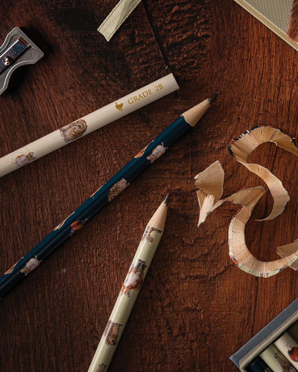 Angespitzte Bleistifte aus dem Set, liegend auf Holztisch mit Spitzer und Holzspänen.