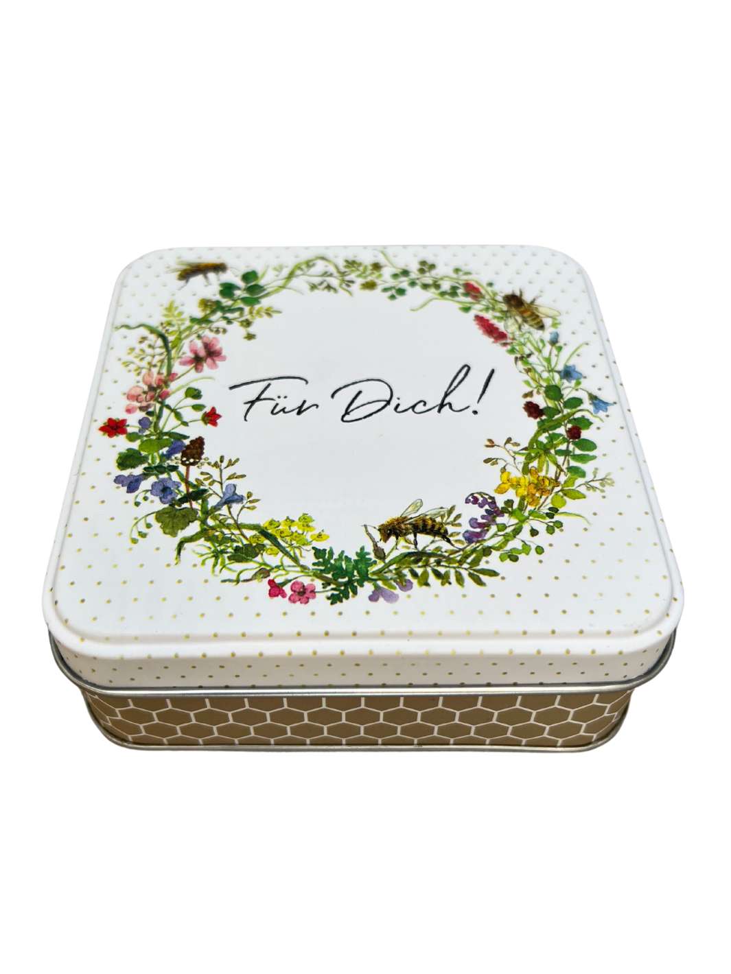 Blumenkranz und Bienen als Motiv auf Metalldose vom Grätz Verlag