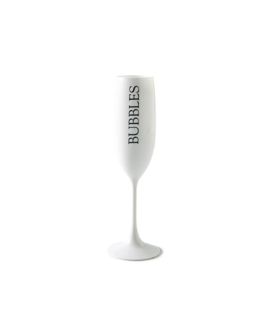 Weißes Champagnerglas Bubbles von Rivièra Maison mit schwarzem Schriftzug ‚BUBBLES‘, schlicht und elegant vor weißem Hintergrund.
