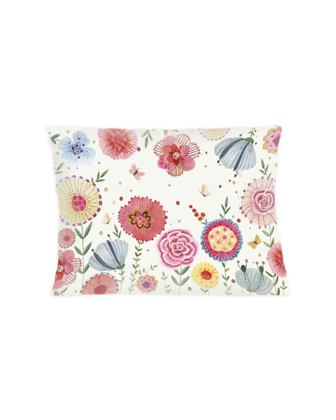 Zirbenkissen „Flower Power“ vom Grätz Verlag vor weißem Hintergrund. Die Vorderseite zeigt ein buntes Blumenmuster in Rosa, Blau, Gelb und Grün.