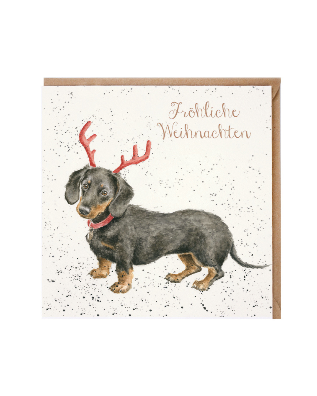 Weihnachtskarte Dachshund through the Snow mit Dackelmotiv von Wrendale Designs vor weißem Hintergrund.