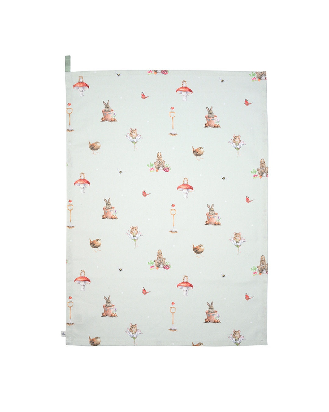 Detailansicht des Geschirrtuchs „Gartentiere“ mit Kaninchen-, Vogel- und Naturmotiven von Hannah Dale vor weißem Hintergrund.