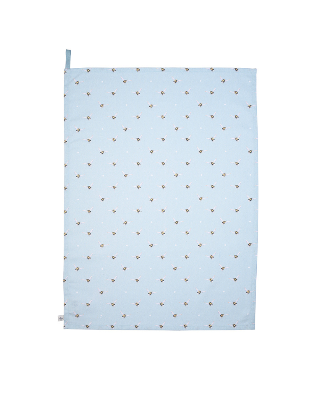 Hellblaues Geschirrtuch „Hummel“ von Wrendale Designs mit vielen kleinen Hummel-Motiven als Detailansicht vor weißem Hintergrund.