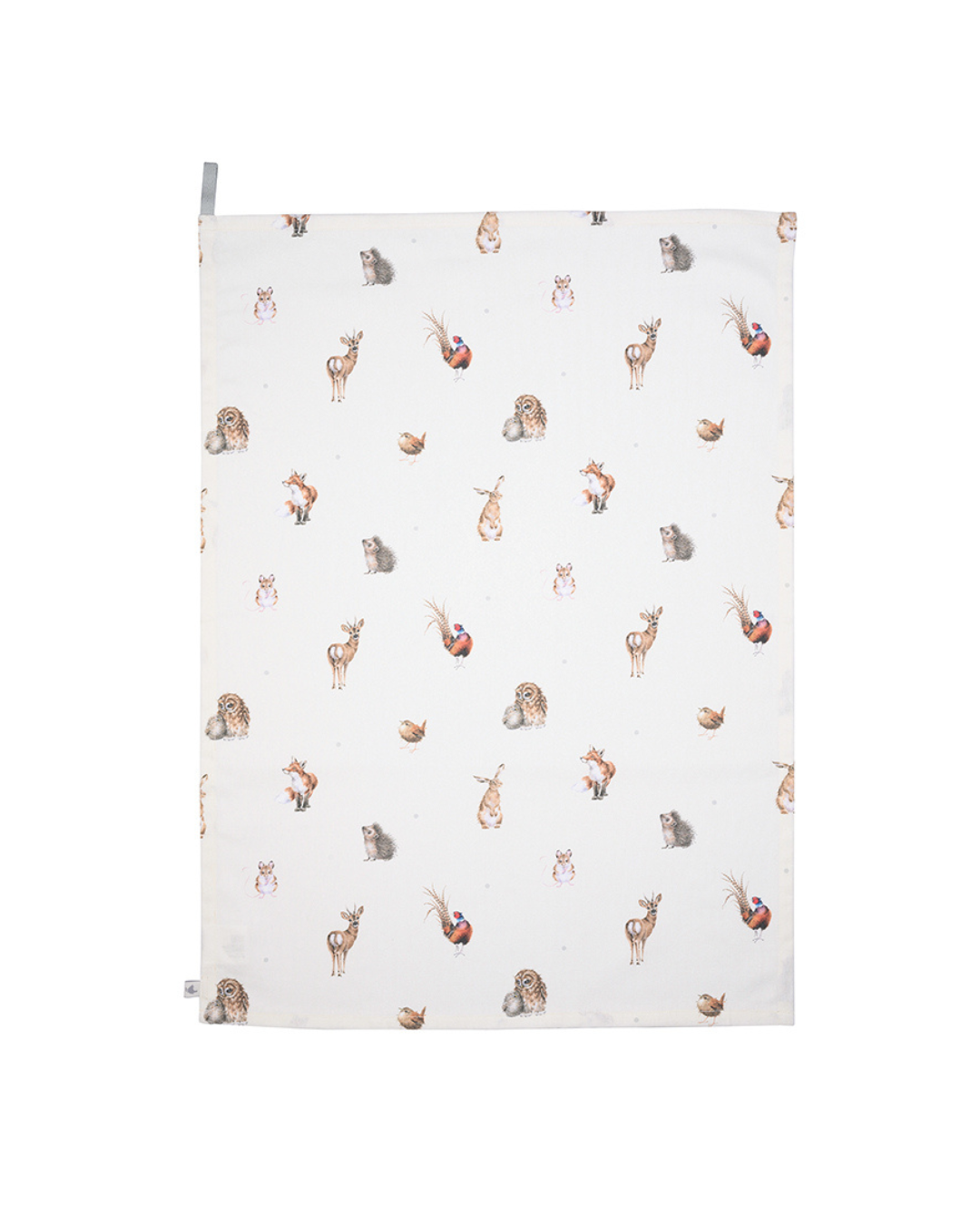 Detailansicht des Geschirrtuchs „Waldtiere“ mit Reh, Eule, Igel und Fuchs Illustrationen von Hannah Dale vor weißem Hintergrund.