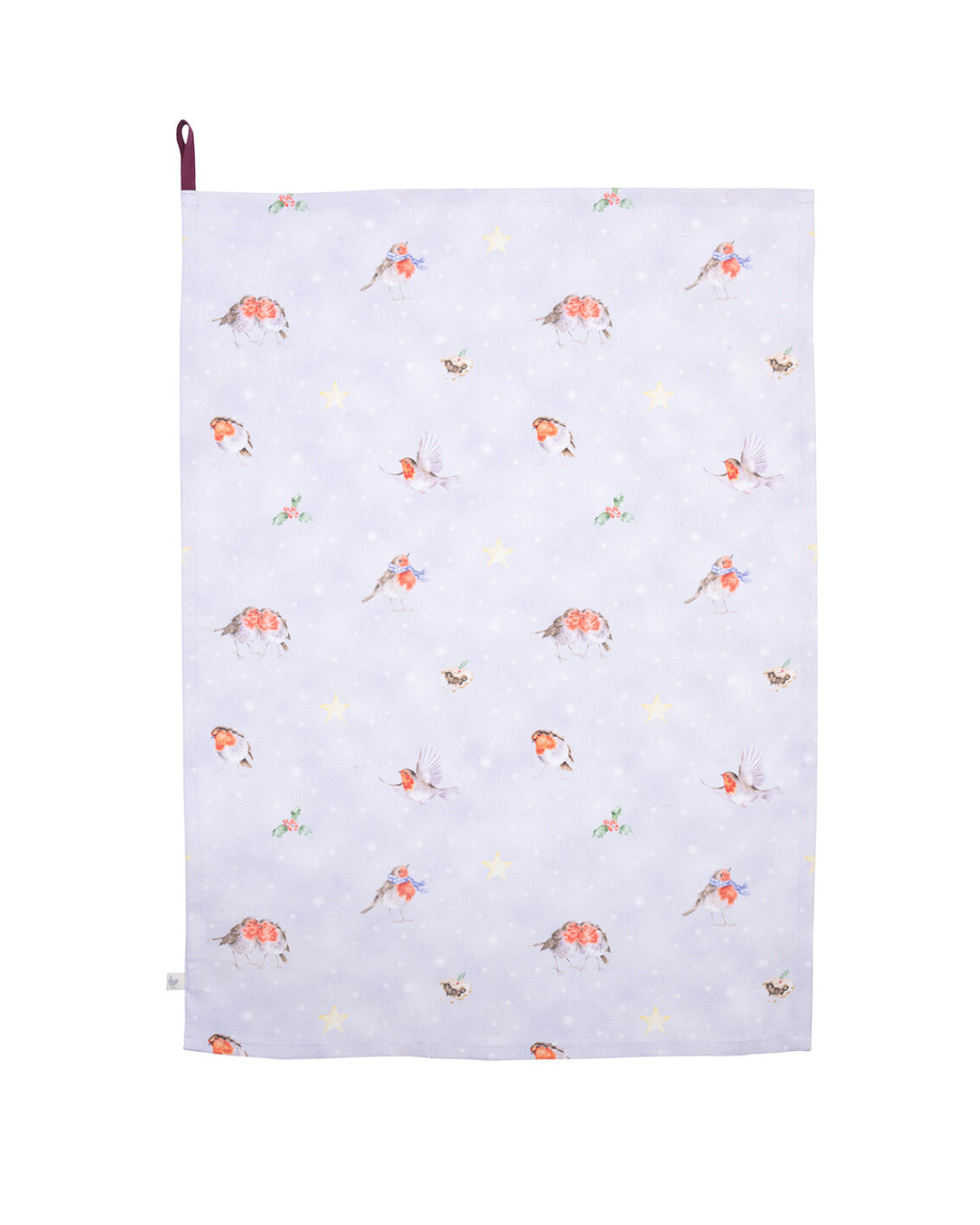 Das weihnachtliche Rotkehlchen Geschirrtuch ist vollständig ausgebreitet vor weißem Hintergrund zu sehen. Das Design zeigt mehrere Rotkehlchen, Sterne und kleine winterliche Akzente.