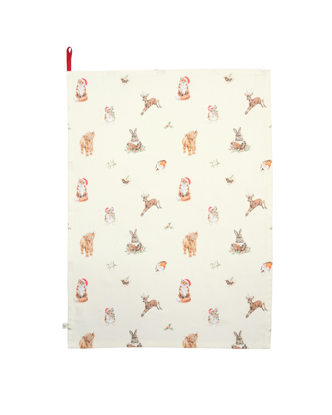 Ausgebreitetes Woodlanders Geschirrtuch von Wrendale Designs auf weißem Hintergrund, mit Illustrationen von Waldtieren in weihnachtlicher Szenerie.