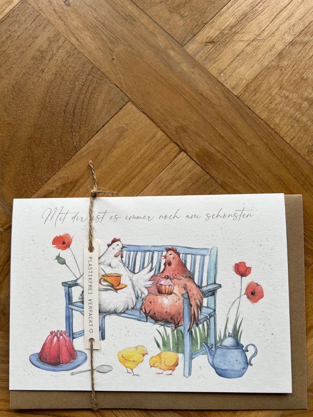 Doppelkarte Hühner auf der Bank vom Grätz Verlag