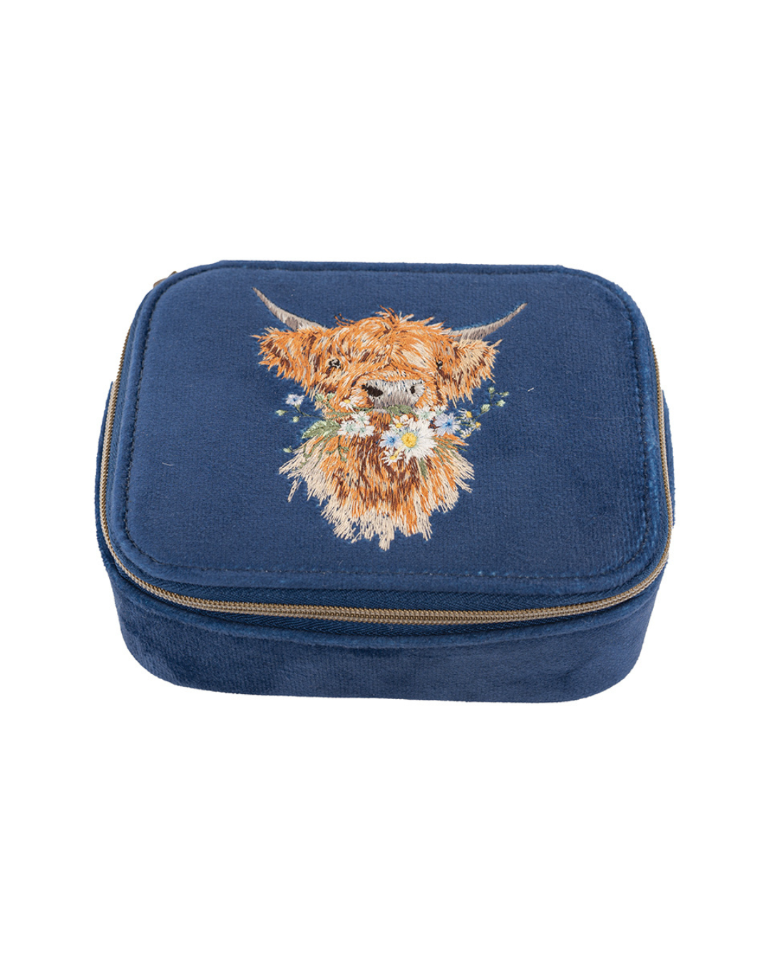 Schmucktasche von Wrendale Designs mit gestickter Hochland Kuh auf dunkelblauem Samtstoff.