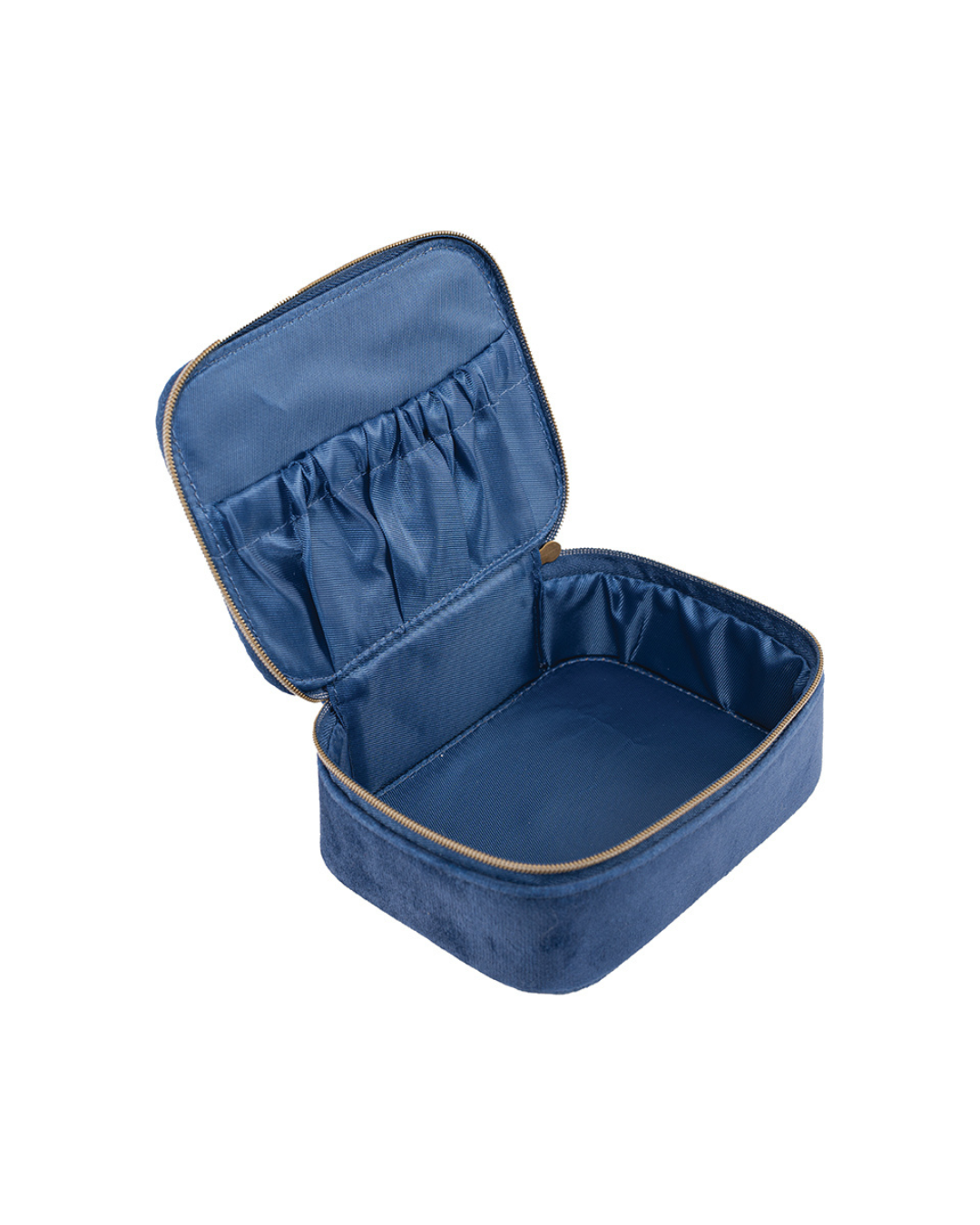 Offene Hochland Kuh Schmucktasche von Wrendale Designs in Dunkelblau mit Fächern für Ringe, Ketten und Ohrringe.