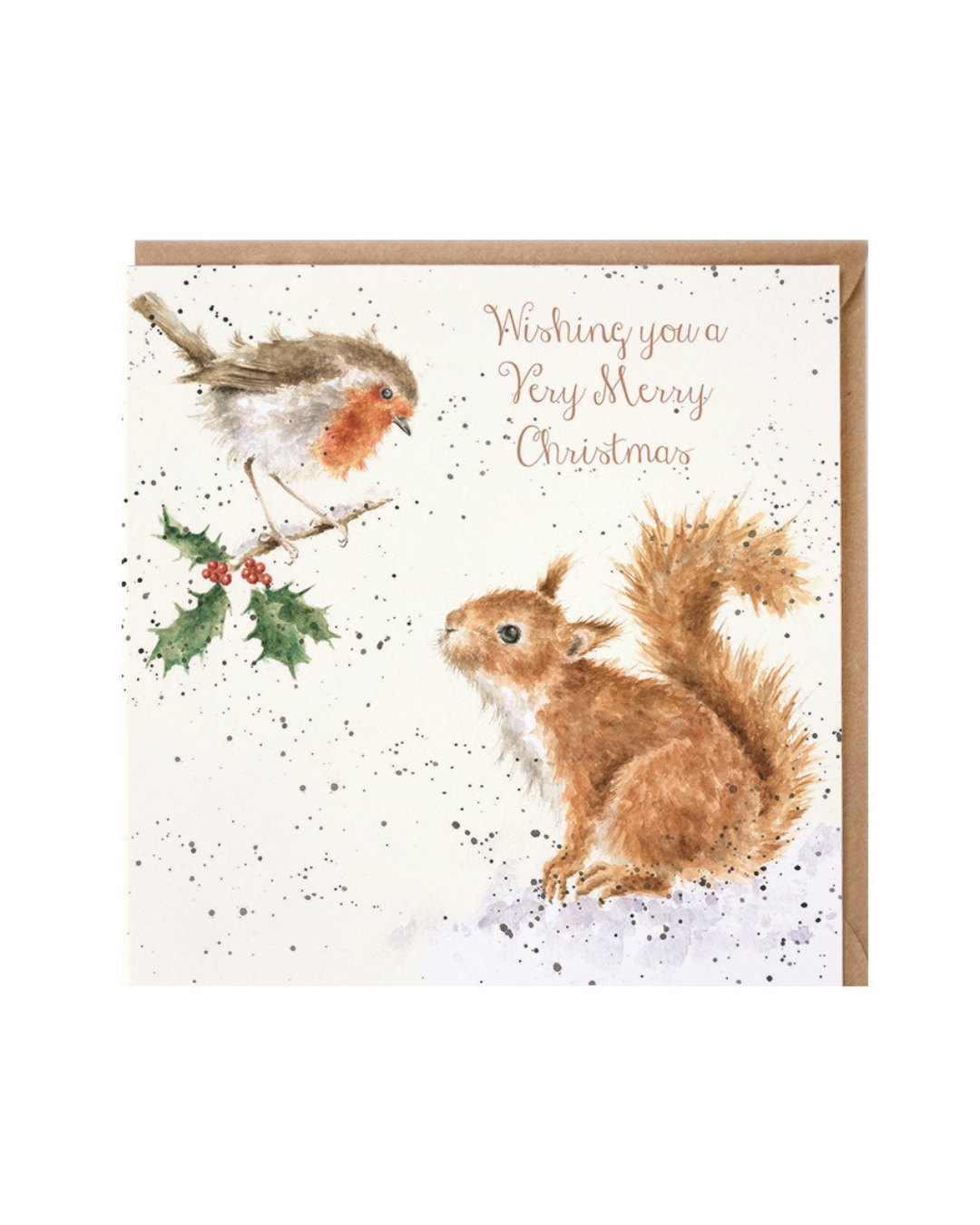 Weihnachtskarte „Robin and Squirrel“ mit Eichhörnchen & Rotkehlchen von Wrendale Designs vor weißem Hintergrund.