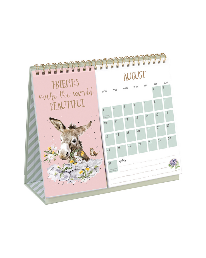 Esel-Motiv auf rosa Hintergrund des Tischkalenders 2026 von Wrendale Designs.