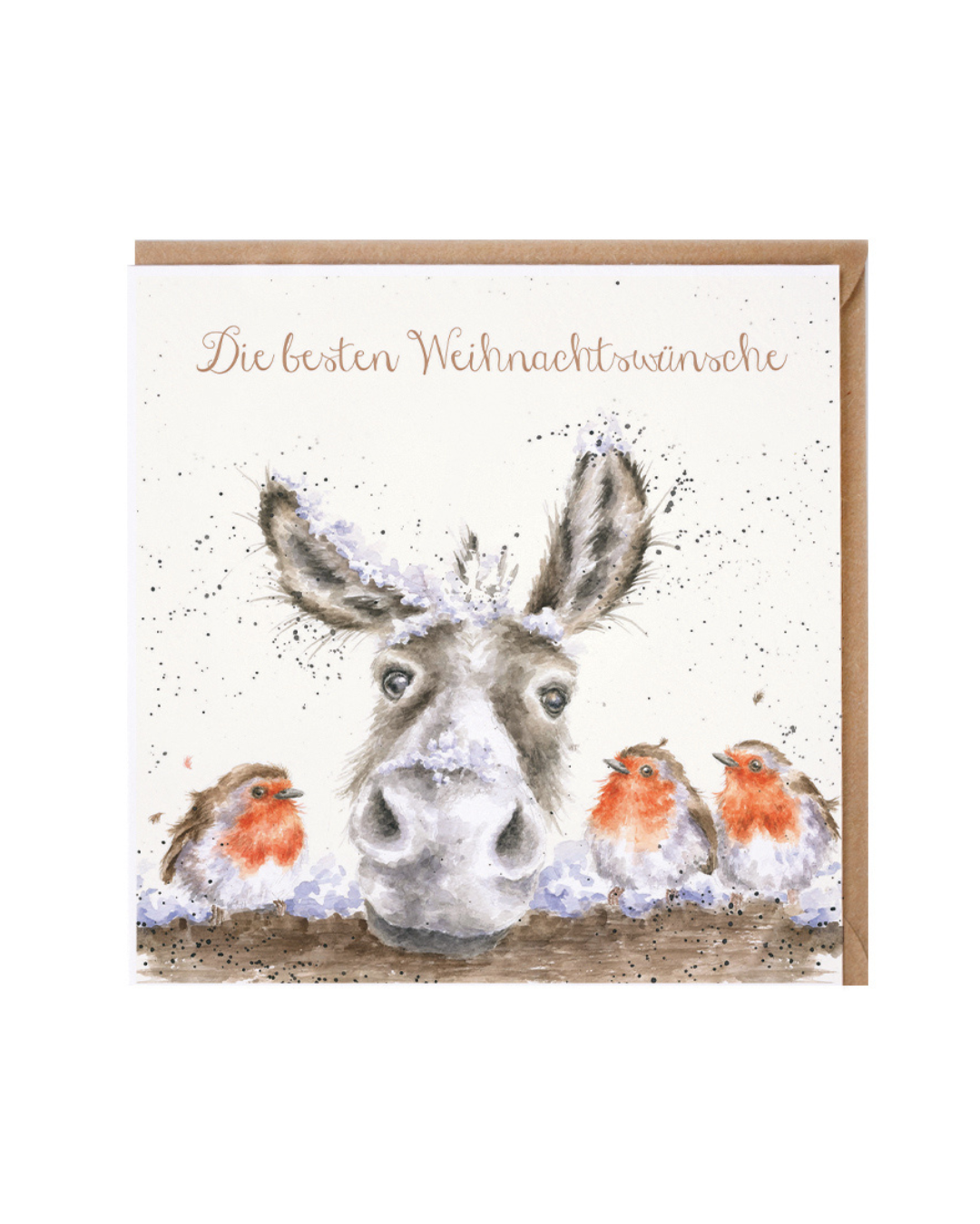 Weihnachtskarte The Christmas Donkey mit Esel und Rotkehlchen von Wrendale Designs vor weißem Hintergrund.