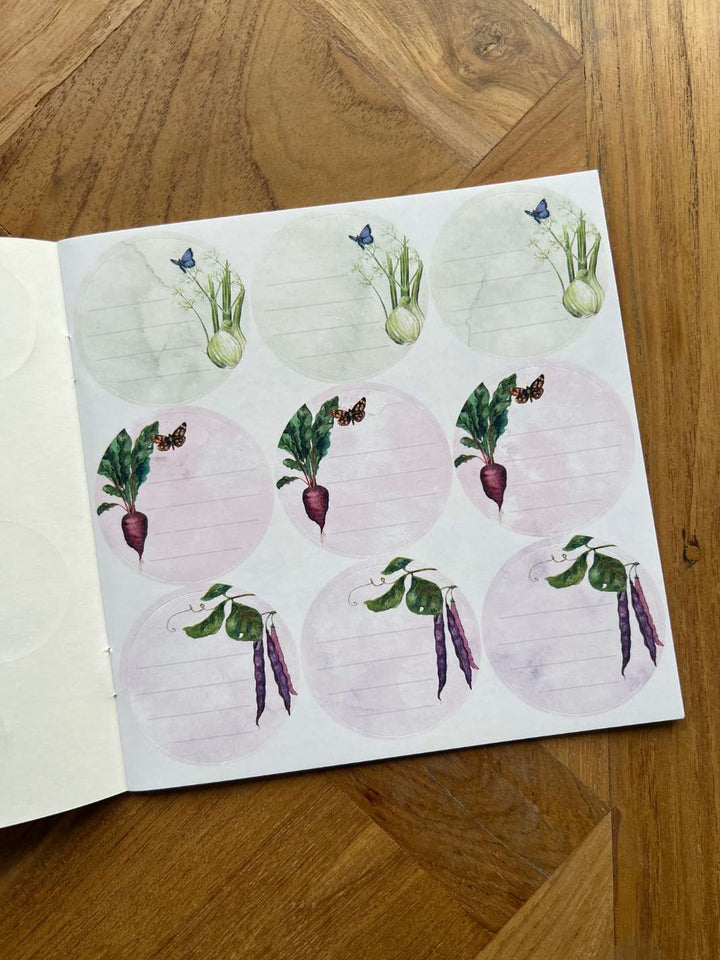 Früchte und Gemüse Etiketten Innenansicht des Buchs von Grätz