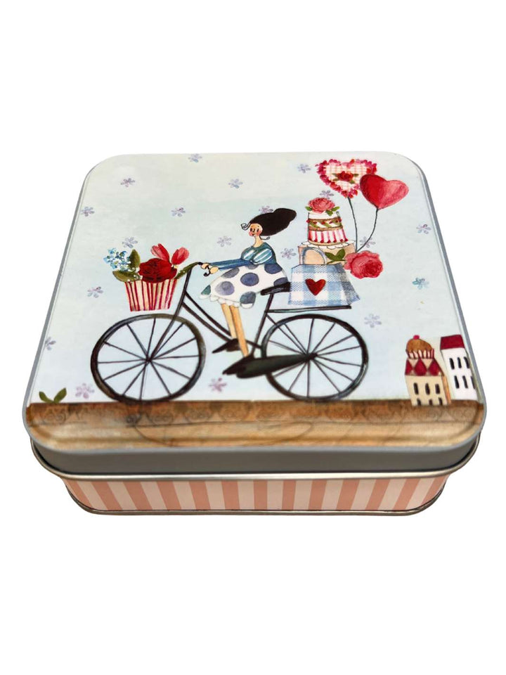 Frau mit Fahrrad auf Geschenkdose vom Grätz Verlag