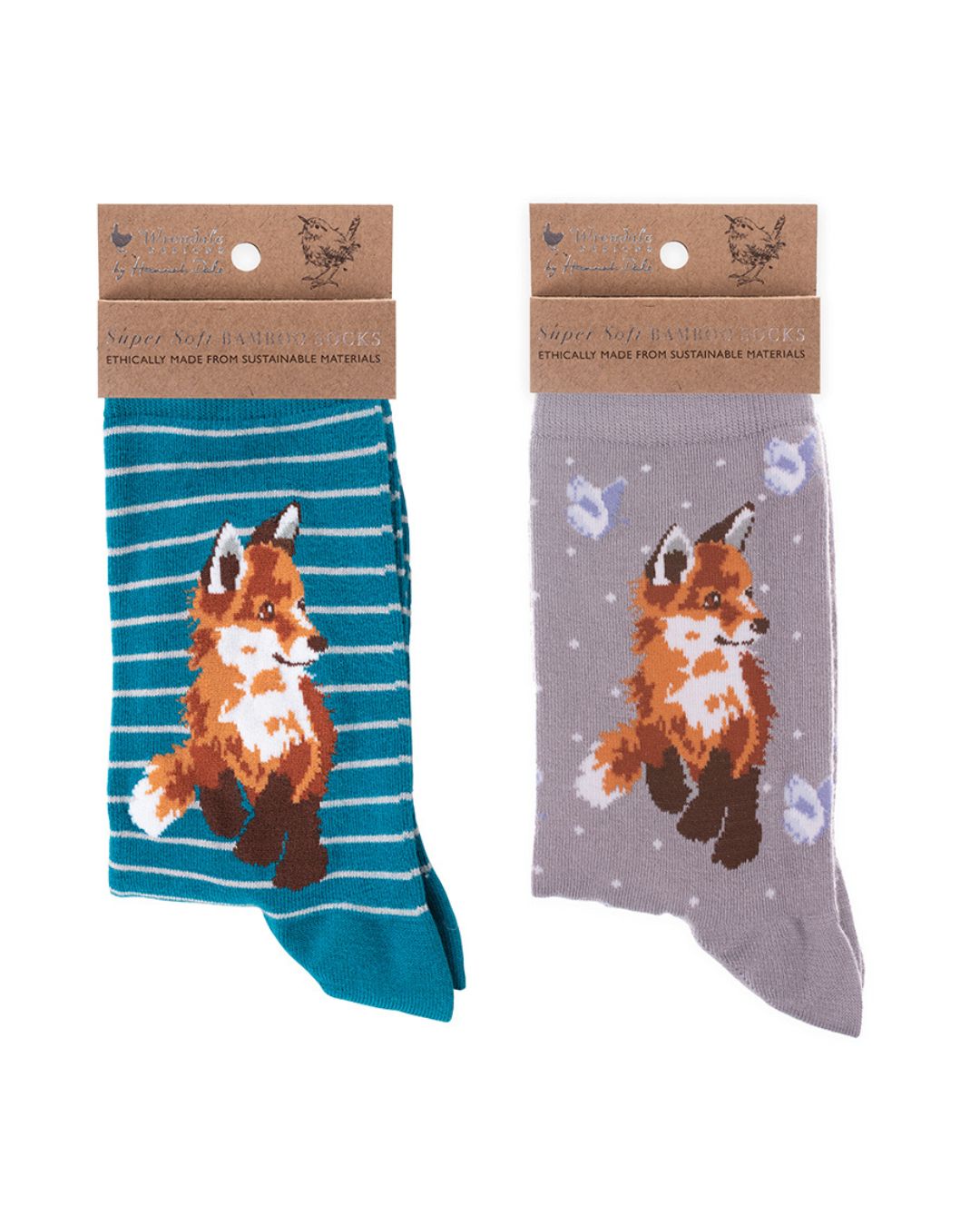 Fuchs Bambussocken in grau und petrol von Wrendale Designs.