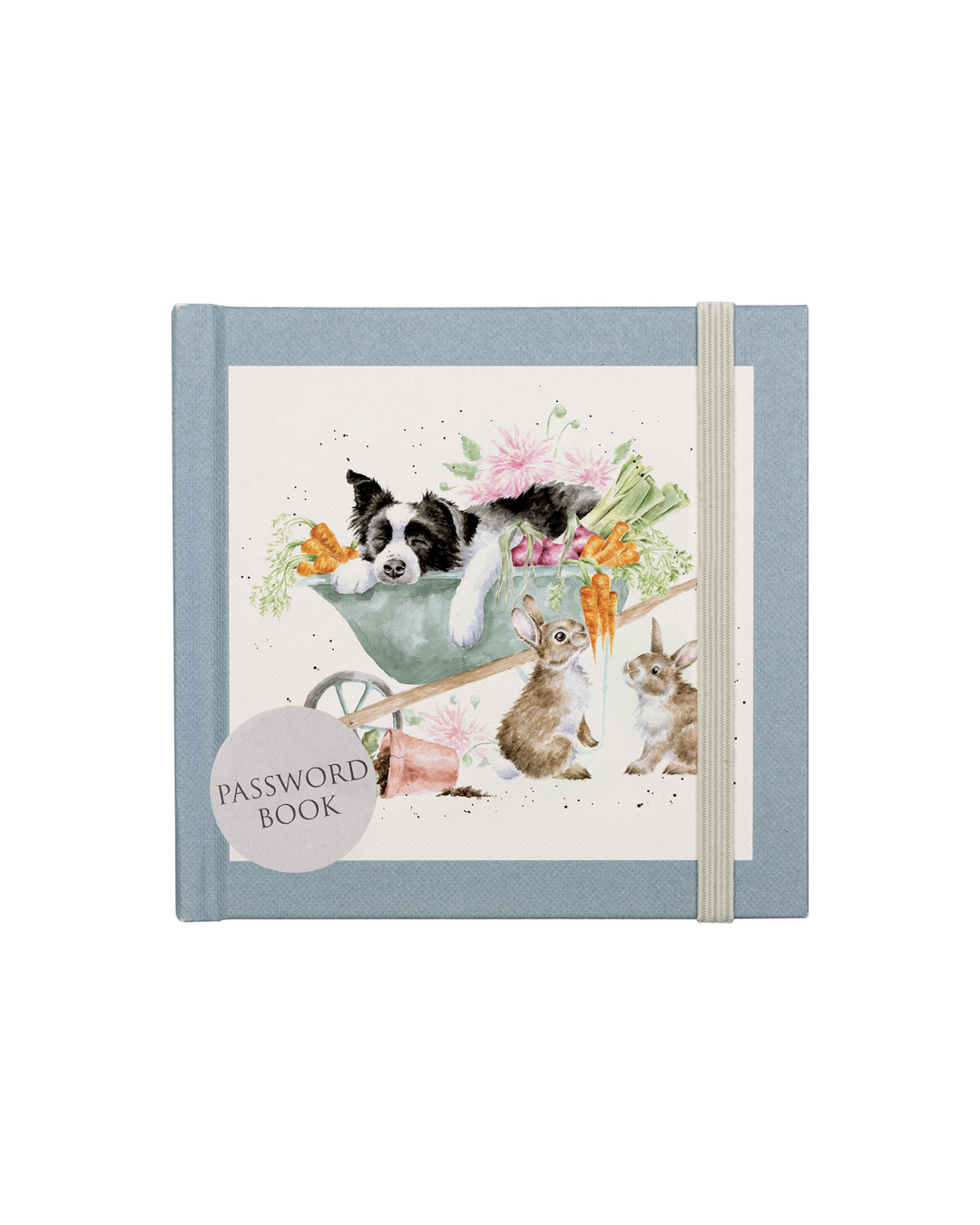 Passwortbuch mit Hund in Schubkarre mit Gemüse und zwei Kaninchen, illustriert von Hannah Dale für Wrendale Designs vor weißem Hintergrund.