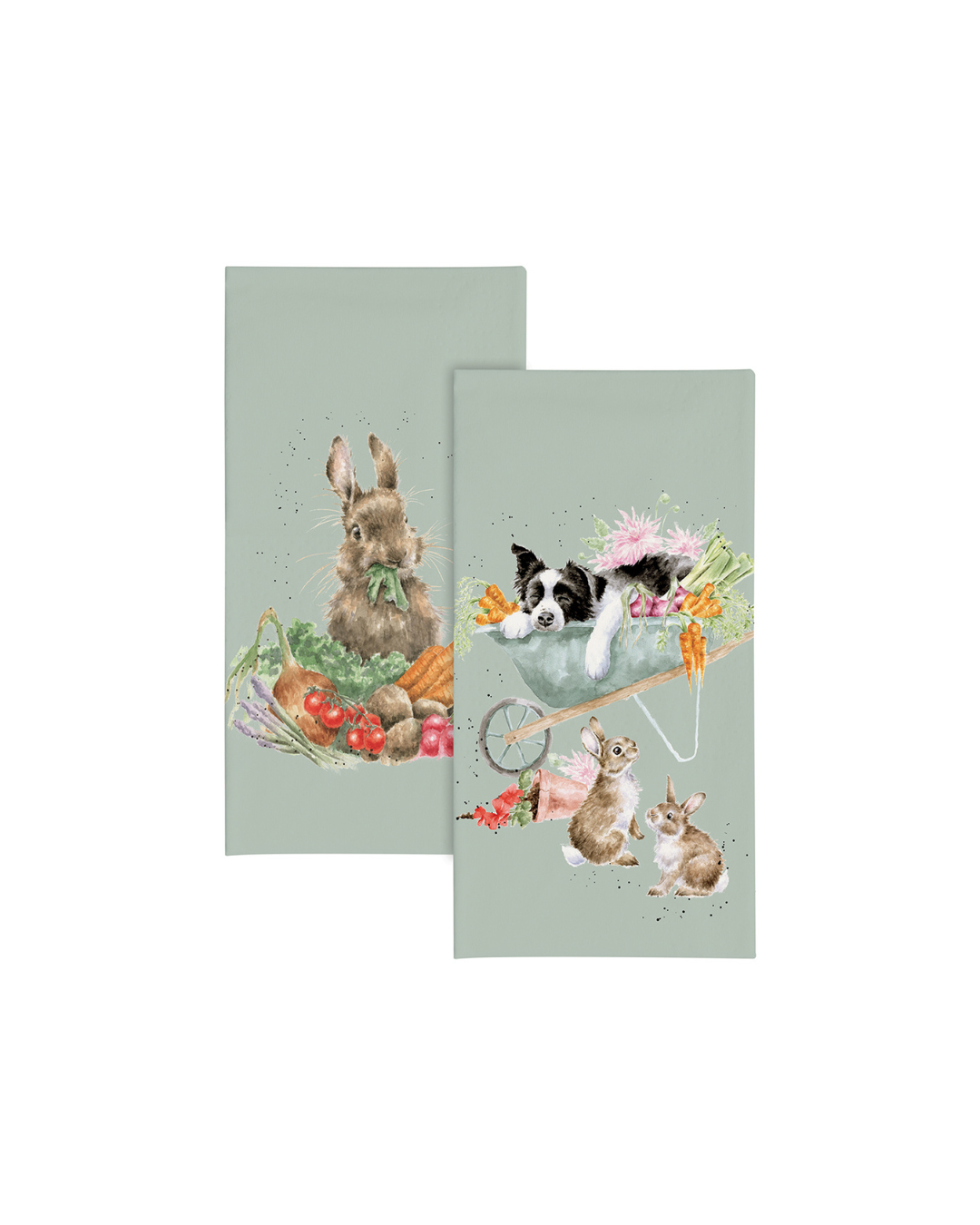 Gartentiere Taschentücher von Wrendale Designs mit Illustrationen von Hannah Dale. Vorderseite: Kaninchen mit Gemüse, Rückseite: Hund in Schubkarre mit Kaninchen, beide auf graugrünem Hintergrund. Darstellung vor weißem Hintergrund.