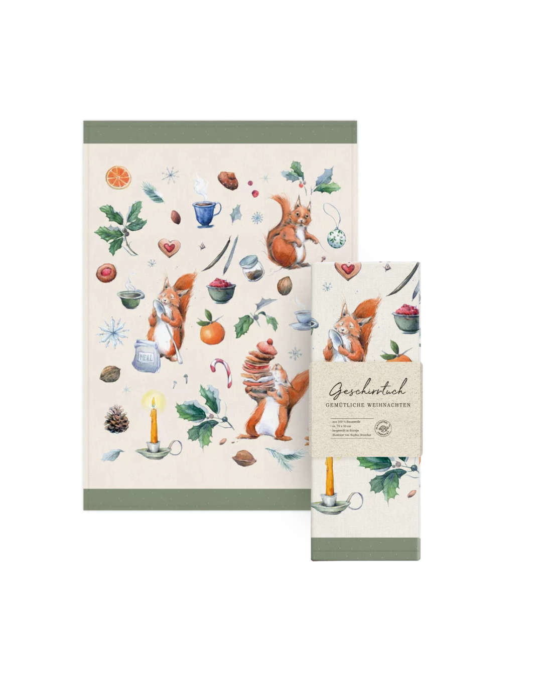 Geschirrtuch „Gemütliche Weihnachten“ vom Grätz Verlag mit Verpacktem Geschirrtuch daneben vor weißem Hintergrund mit weihnachtlichem Eichhörnchen-Motiv und winterlichen Details.