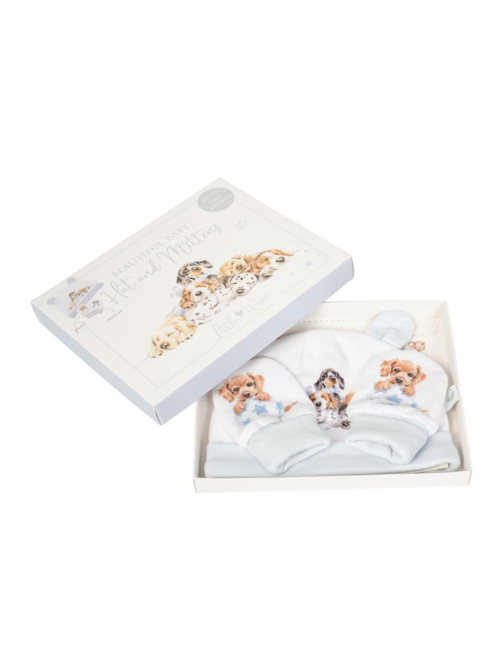 Geschenkset mit Baby Mütze und Handschuhe mit Hundewelpen als Motiv von Wrendale Designs