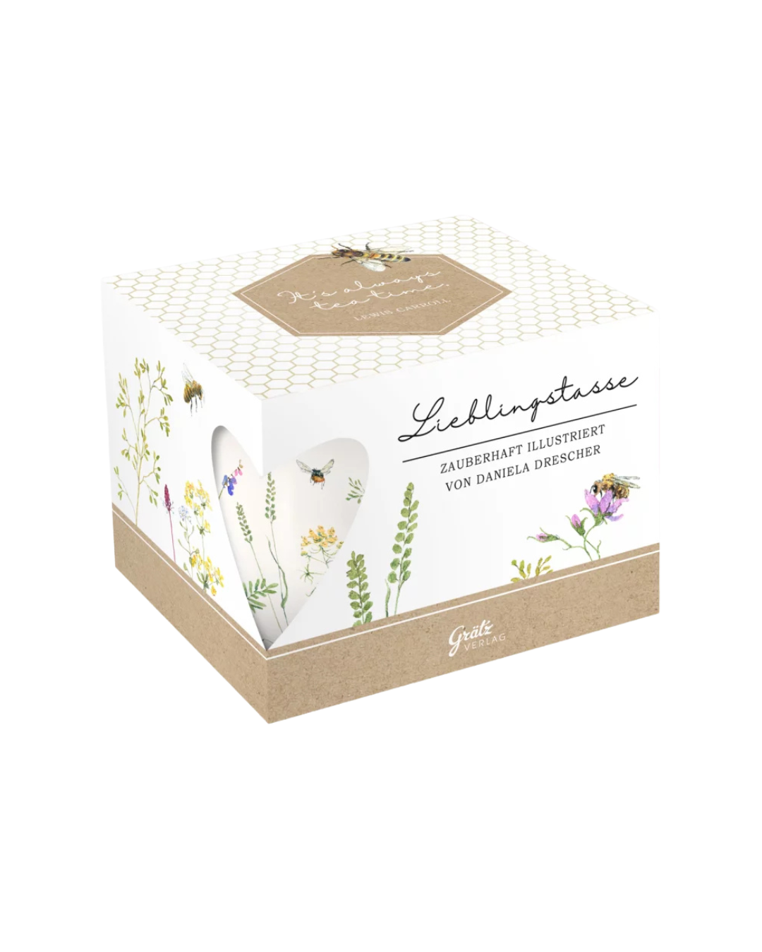 Auch die hübsche Geschenkverpackung zeigt die Motive der Lieblingstasse Bienen vom Grätz Verlag.