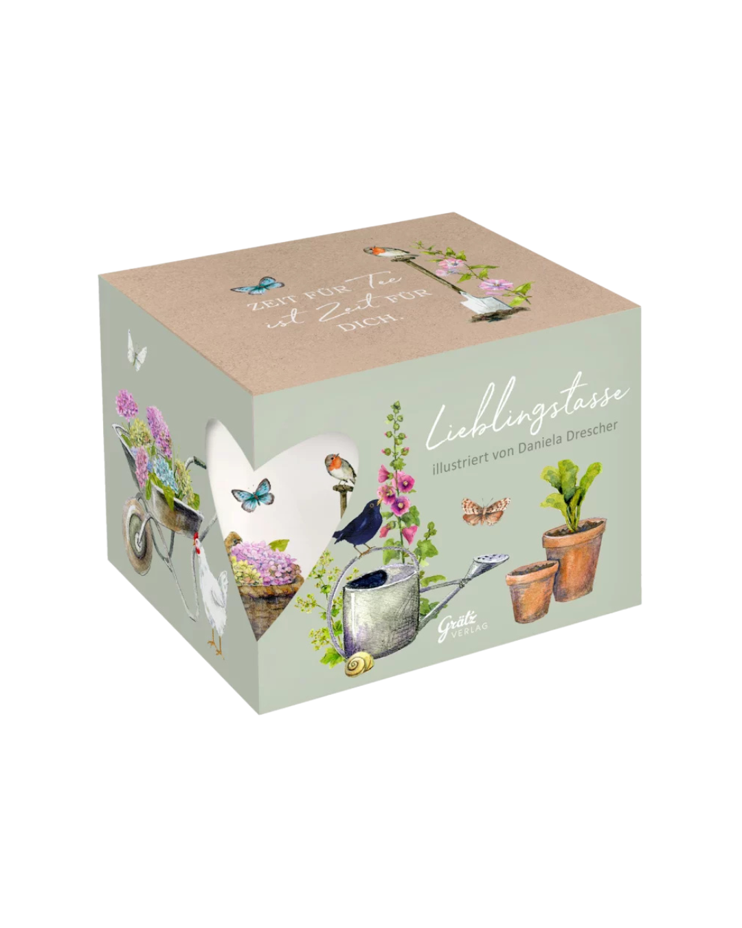 Geschenkverpackung der Garten Lieblingstasse vom Grätz Verlag vor weißem Hintergrund.