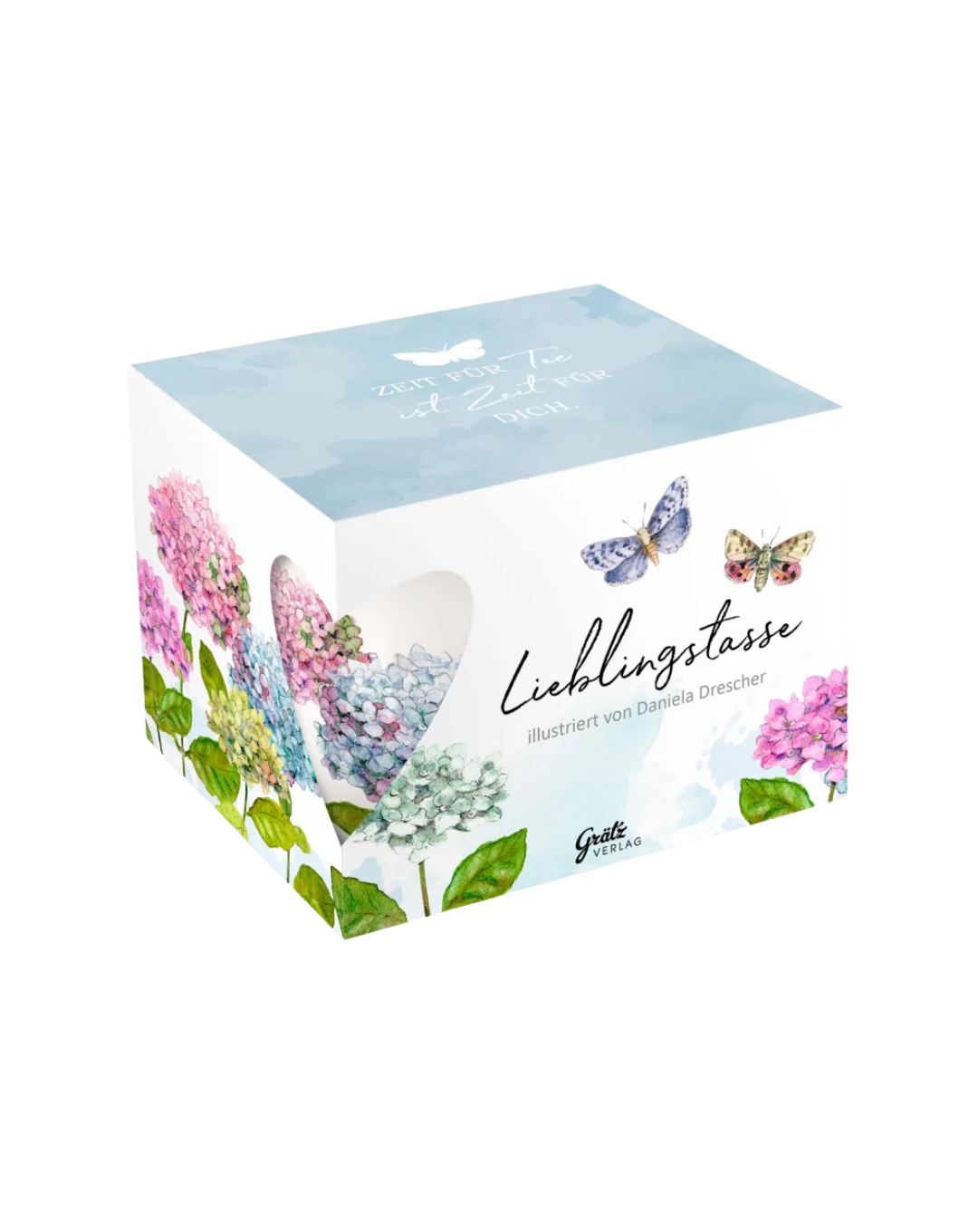 Geschenkverpackung mit der Lieblingstasse "Hortensien" vom Grätz Verlag. Auf dem Deckel steht: Zeit für Tee ist Zeit für dich.
