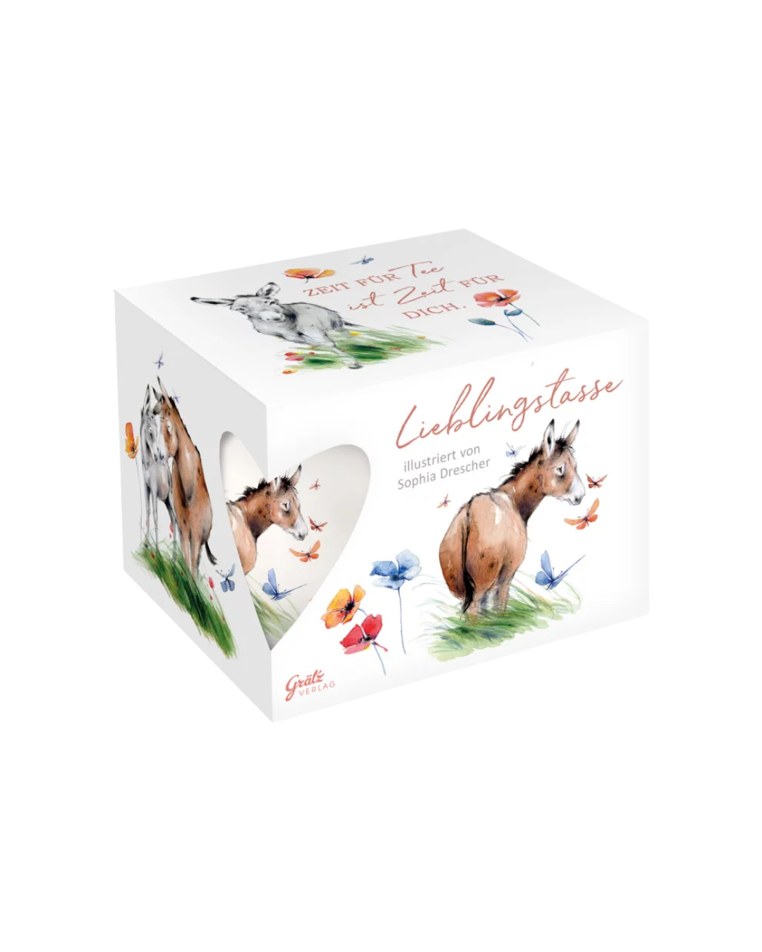 Geschenkverpackung der Kuschelfreunde Lieblingstasse vom Grätz Verlag vor weißem Hintergrund. Auf dem Deckel steht: Zeit für Tee ist Zeit für dich.