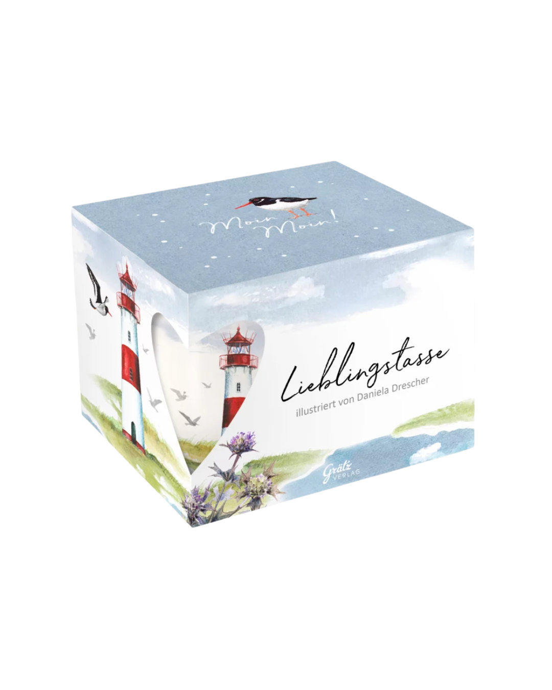 Geschenkverpackung mit der Leuchtturm Lieblingstasse vom Grätz Verlag vor weißem Hintergrund.