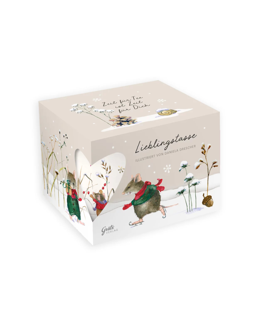 Geschenkverpackung der Lieblingstasse „Lustige Winterfreunde“ vom Grätz Verlag mit Mäusemotiv und Schriftzug „Zeit für Tee ist Zeit für Dich“.