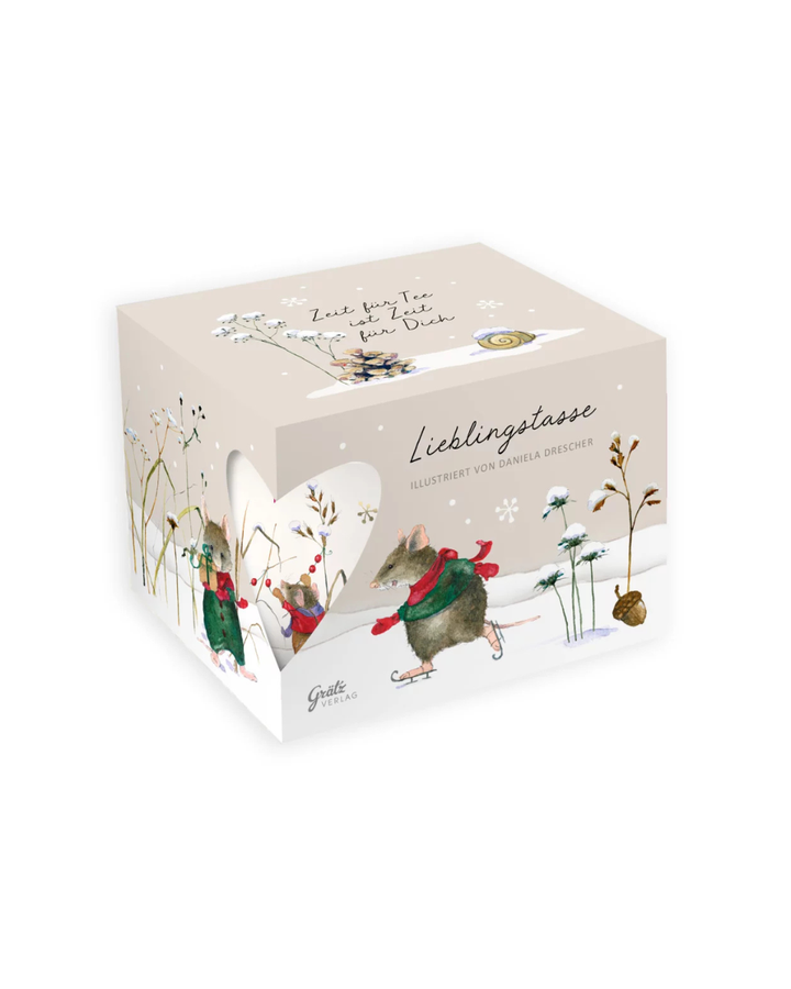 Geschenkverpackung der Lieblingstasse „Lustige Winterfreunde“ vom Grätz Verlag mit Mäusemotiv und Schriftzug „Zeit für Tee ist Zeit für Dich“.
