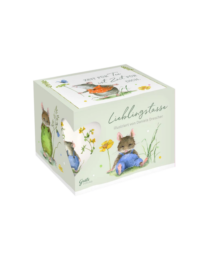 Geschenkverpackung der Mäuseparty Lieblingstasse vom Grätz Verlag vor weißem Hintergrund. Auf dem Deckel steht: Zeit für Tee ist Zeit für dich.
