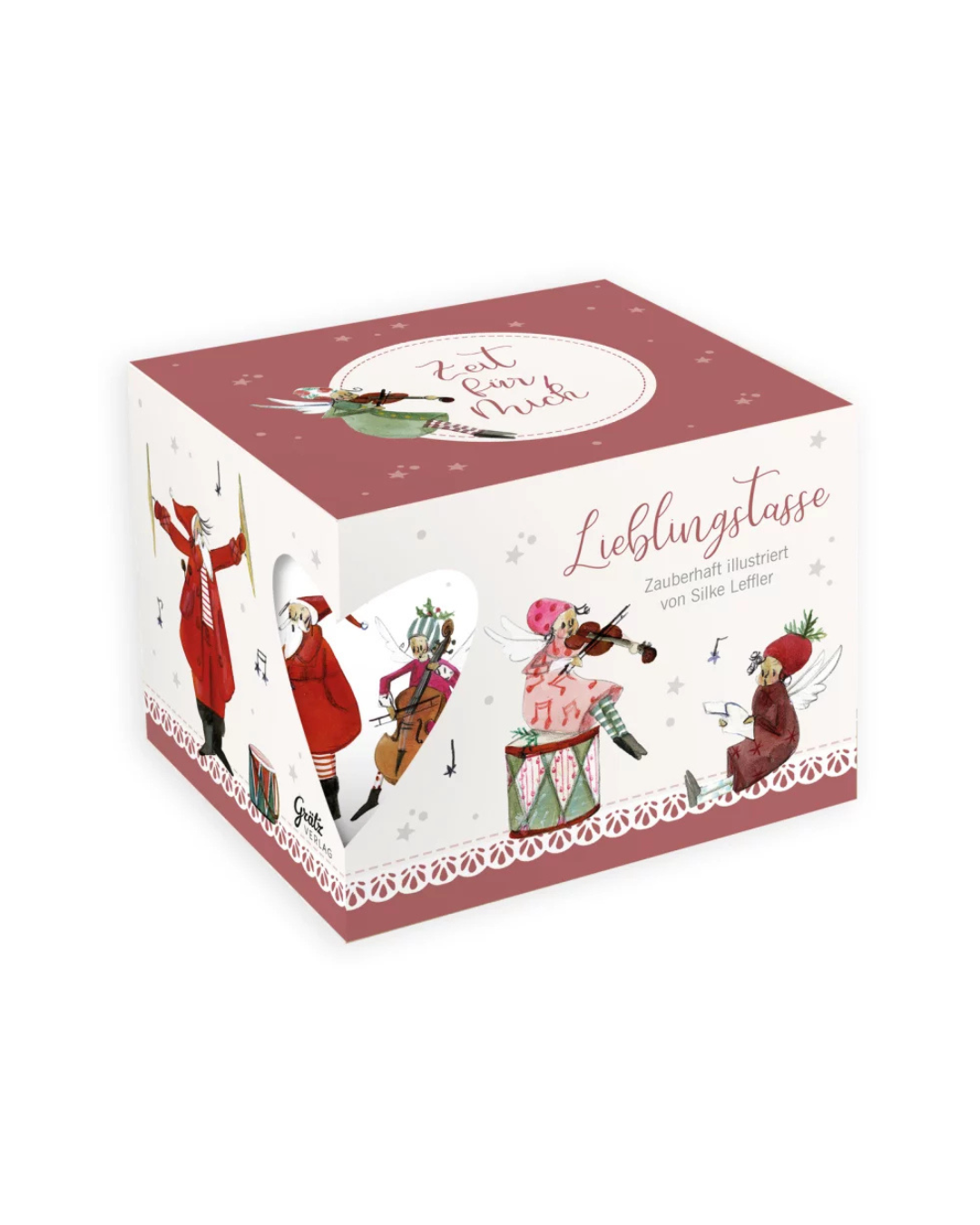 Geschenkverpackung der Lieblingstasse „Musikanten“ vom Grätz Verlag vor weißem Hintergrund, verziert mit Illustrationen von Silke Leffler, die Engel und Weihnachtsfiguren beim Musizieren zeigen.