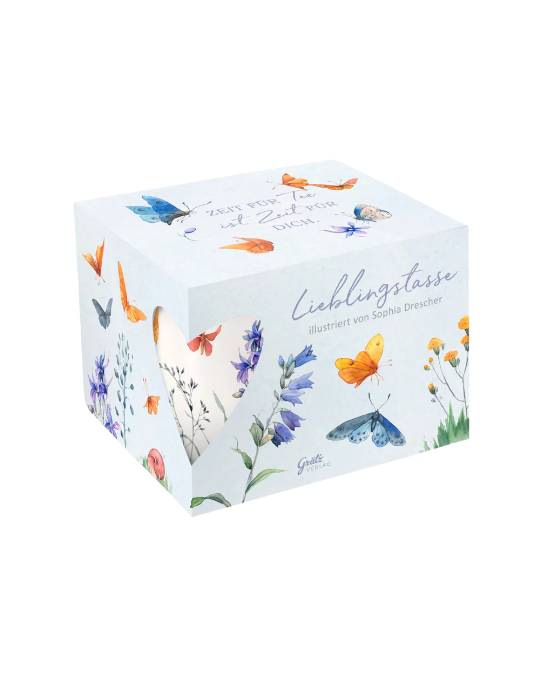 Geschenkverpackung der Lieblingstasse mit dem Schmetterlingswiesen-Motiv vom Grätz Verlag mit vor weißem Hintergrund. Auf dem Deckel steht: Zeit für Tee ist Zeit für dich.