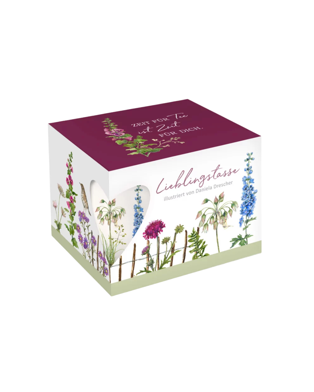 Geschenkverpackung mit der Stockrosen Lieblingstasse vom Grätz Verlag vor weißem Hintergrund. Auf dem Deckel steht: Zeit für Tee ist Zeit für dich.