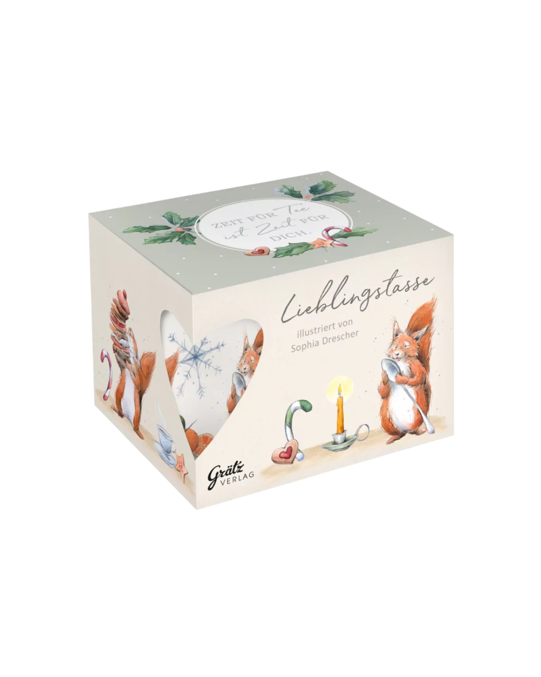 Geschenkverpackung der weihnachtlichen Eichhörnchen Lieblingstasse vom Grätz Verlag vor weißem Hintergrund.