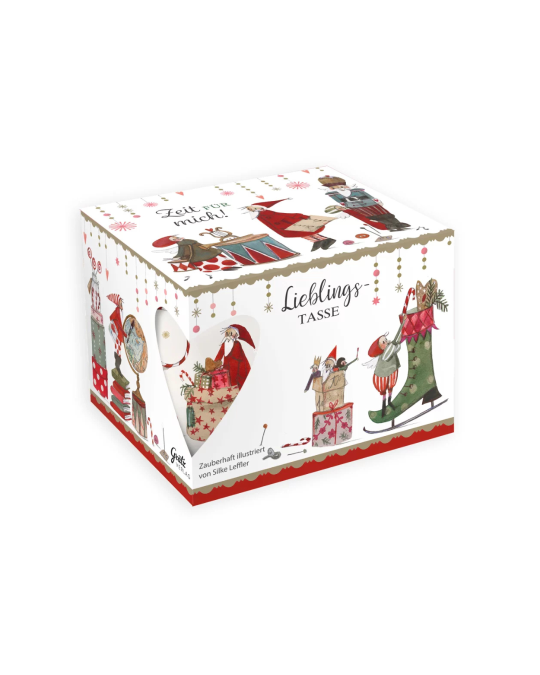 Geschenkverpackung der Lieblingstasse „Weihnachtswerkstatt“ vom Grätz Verlag mit Wichtel-Motiven und Aufschrift „Zeit für mich!“.