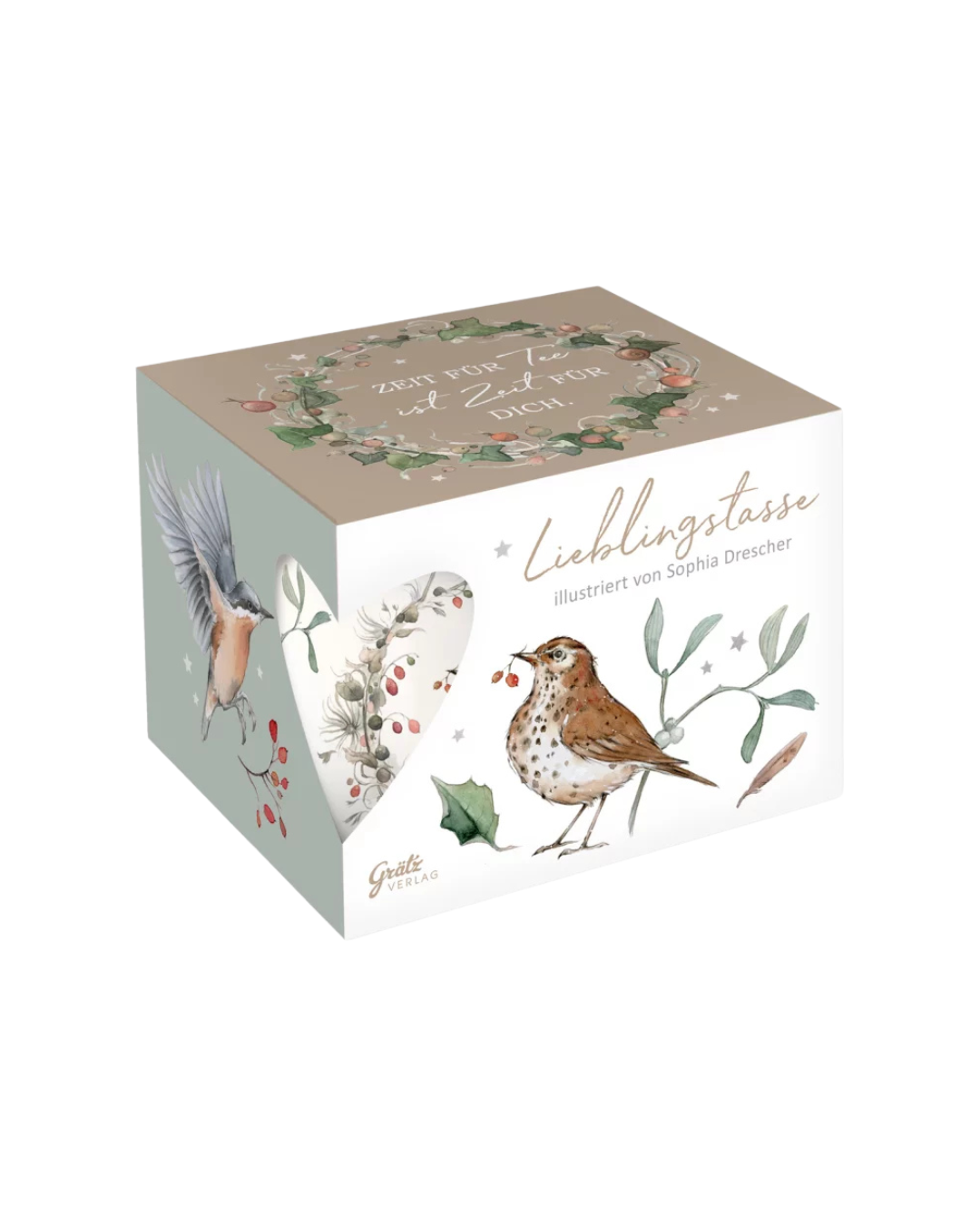 Geschenkverpackung der Winterkränze Lieblingstasse vom Grätz Verlag vor weißem Hintergrund. Auf dem Deckel steht: Zeit für Tee ist Zeit für dich.