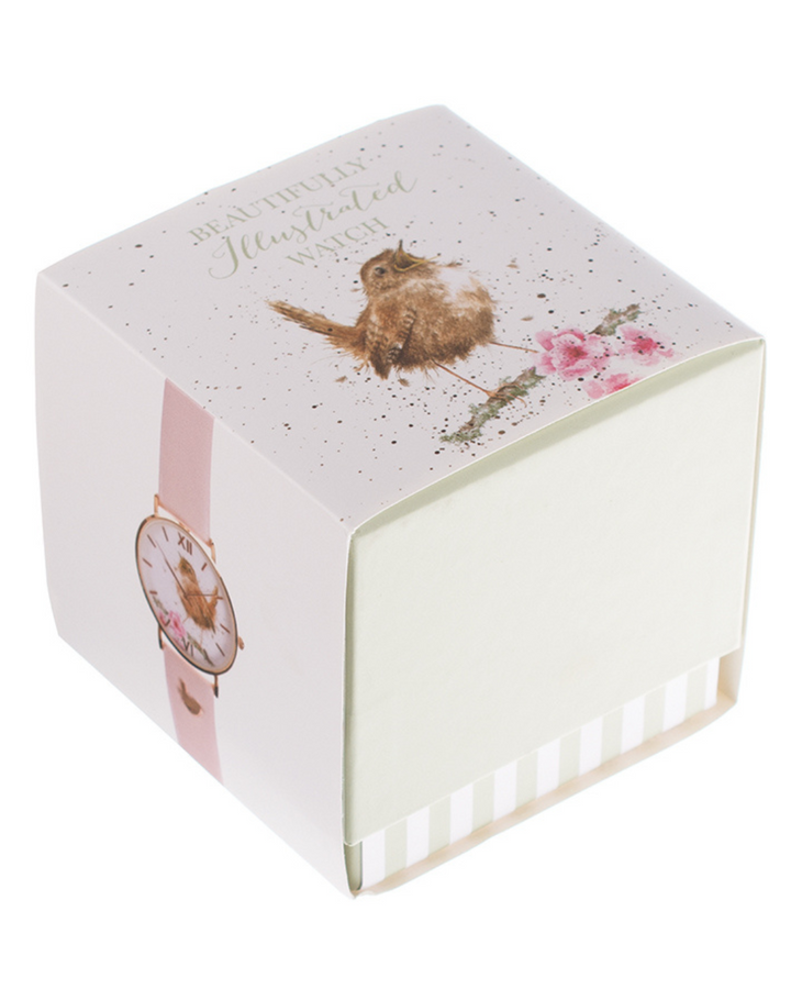 Geschenkverpackung der Zaunkönig Armbanduhr von Wrendale Designs.