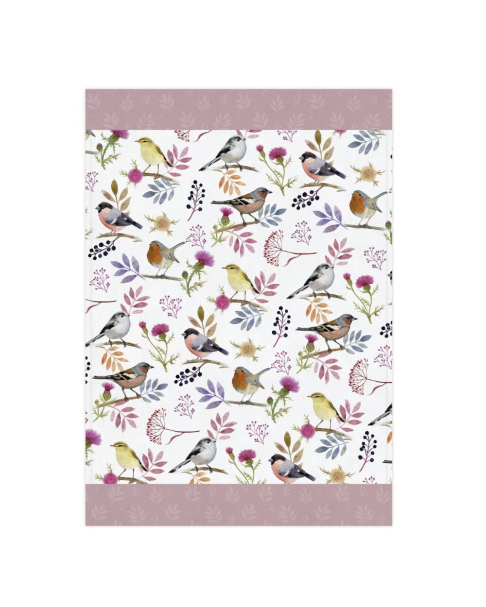 Geschirrtuch Blätterrauschen mit Vogelmotiven auf weißem Hintergrund, umgeben von bunten Blättern und Zweigen vom Grätz Verlag. Illustration von Maria Over.