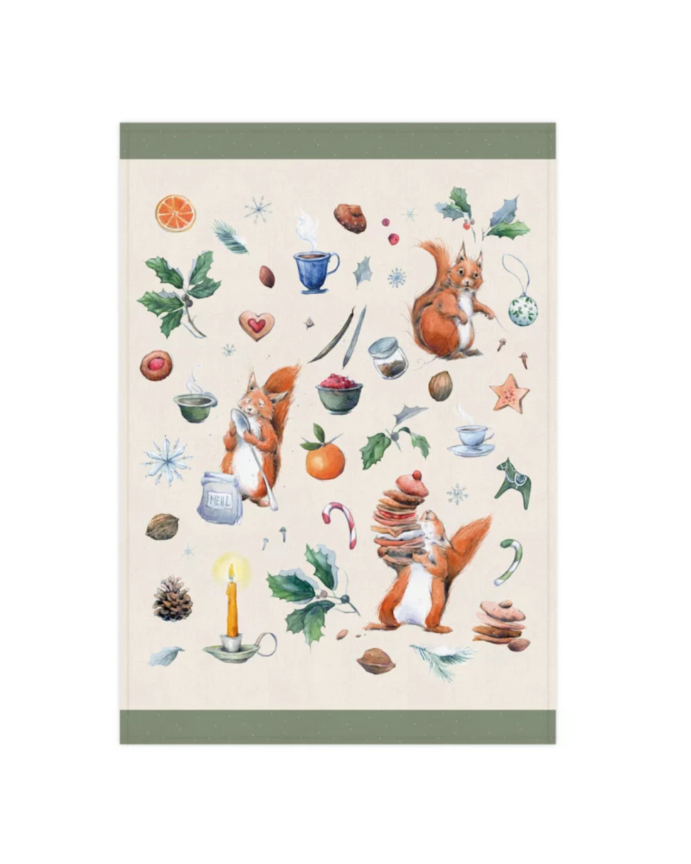 Detailansicht Geschirrtuch „Gemütliche Weihnachten“ vom Grätz Verlag mit festlichem Muster aus Eichhörnchen, Tannenzweigen und Weihnachtsleckereien.