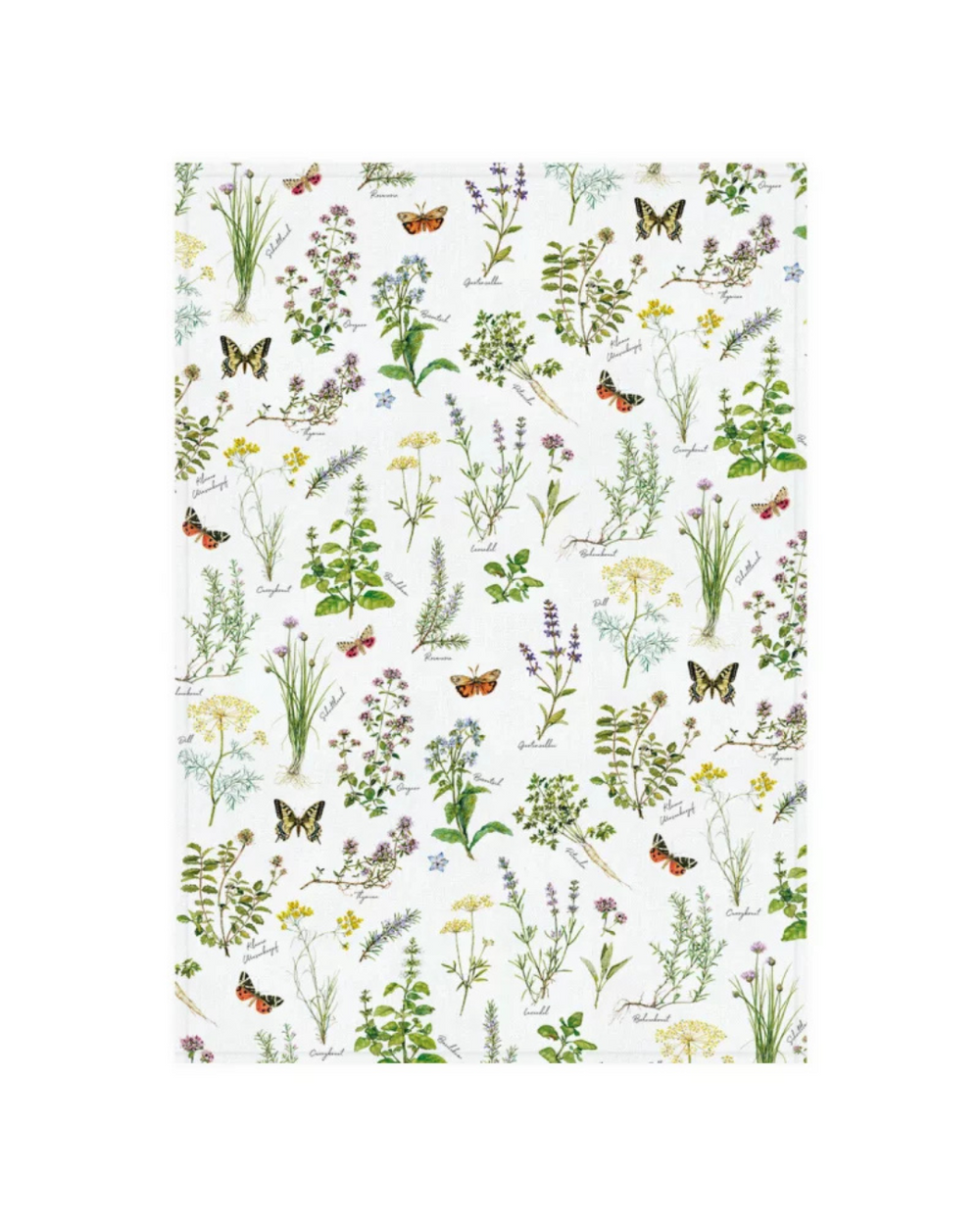 Geschirrtuch Kräuter vom Grätz Verlag mit detailreichen Kräuterzeichnungen wie Rosmarin, Dill und Schnittlauch auf weißem Hintergrund, illustriert von Daniela Drescher.