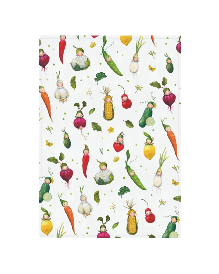 Geschirrtuch „Obst- und Gemüsekinder“ vom Grätz Verlag mit bunten Figuren nach Dollebelge, illustriert von Daniela Drescher – Kinder als Karotten, Gurken, Mais und Kirschen.