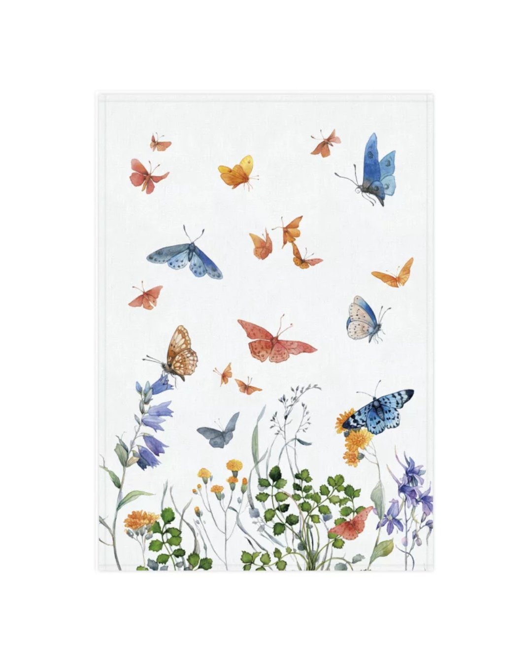 Geschirrtuch „Schmetterlingswiese“ vom Grätz Verlag vor weißem Hintergrund – bunte Schmetterlinge über einer Blumenwiese, Motiv von Sophia Drescher.